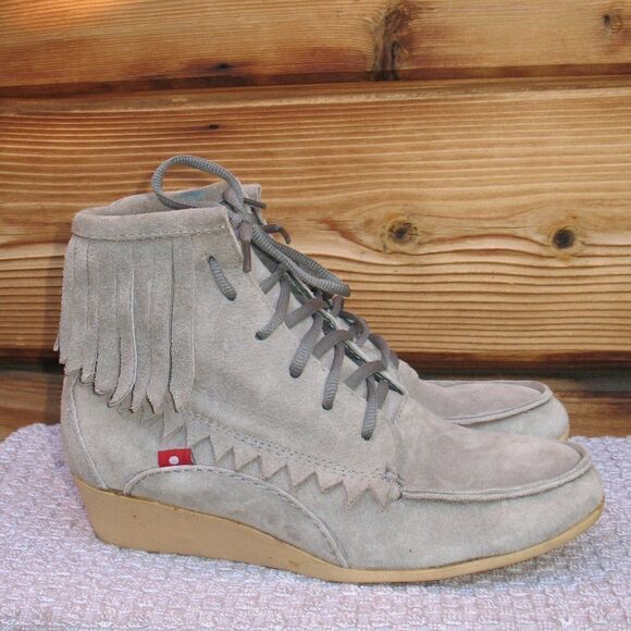 Gray Suede Fringe Bohemian Wedge Ankle Boots 6.5 - Picture 4 of 14